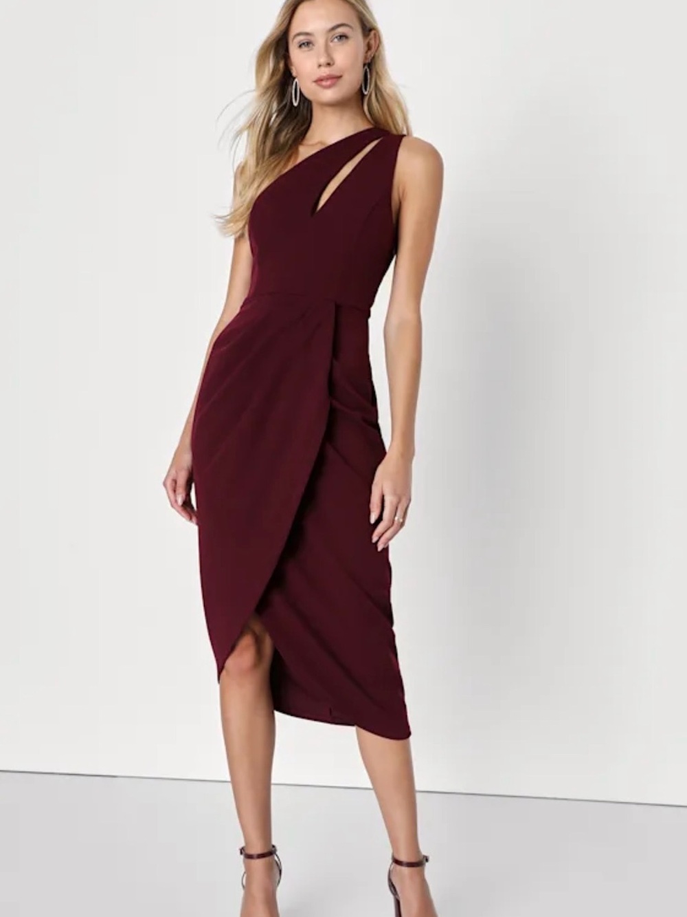 Lulu's One-Shoulder Cutout So Flirty Dress in Burgundy